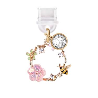 Imagem de ELISE & FONDA TP346 Tipo-C porta de carregamento USB plugue antipoeira mola guirlanda flores de abelha pingente de telefone celular para iPhone 15/16 e Samsung/OnePlus/Xiaomi/oppo telefone Android