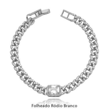 Imagem de Pulseira Elo Grumet Todo Cravejado Zircônias com Pedra Central Retangu