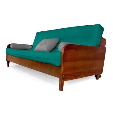 Imagem de Sofá Cama Paris Sarja Azul Turquesa Madeira Nobre Cor Imbuia