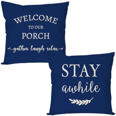 Imagem de PANDICORN Welcome to Our Porch Stay Awhile Blue Farmhouse Capas de almofada decorativas 50 x 50 conjunto de 2 almofadas de varanda ao ar livre decorações de férias capas de almofada para sofá de casa