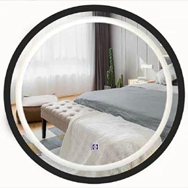 Imagem de AKALNNB Armário de banheiro redondo com espelho iluminado por LED, armário de armazenamento montado na parede, armário de remédios com espelho, espelho de armazenamento de madeira de 3 camadas