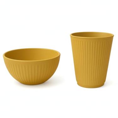 Imagem de Conjunto Tigela 350ml e Copo 370ml Amarelo Ocre, Bambu e Polipropileno, Estilo Canelado - Leve, Durável e Sustentável para Sua Casa