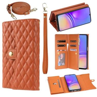 Imagem de Asuwish Capa de telefone para Samsung Galaxy A05 capa carteira com alça de pulso couro flip zíper suporte para cartão de crédito suporte celular Ao5 A 05 mulheres homens marrom