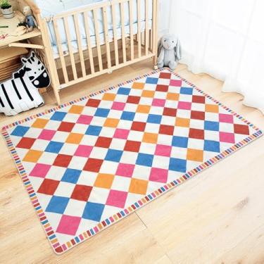Imagem de Lacomfy Tapete infantil quadriculado, lavável para meninas, 3x5, tapetes coloridos antiderrapantes, geométricos, modernos, tapete macio para quarto, sala de estar, jantar, decoração de casa, cor