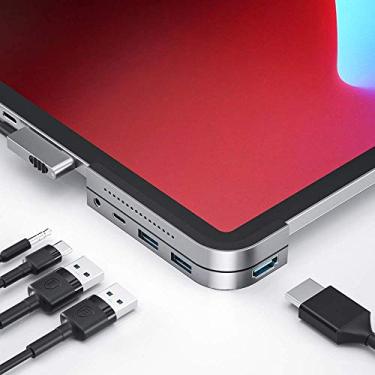 Imagem de Hub USB C, adaptador USB C 6 em 1 portátil para iPad Pro, dongle tipo C atualizado para 4K HDMI, USB 3.0, leitor de cartão SD/Micro SD, conector de fone de ouvido de 3,5 mm, carregador tipo C PD, interruptor independente