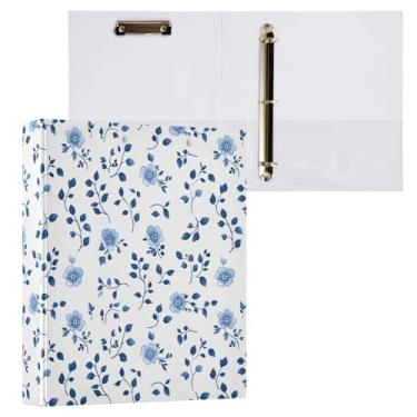 Imagem de Fichário de 3 anéis com padrão floral azul e branco, fichário decorativo de 3,8 cm, com prancheta e 3 bolsos transparentes, comporta 200 folhas de papel tamanho A4, fichários à prova d'água para