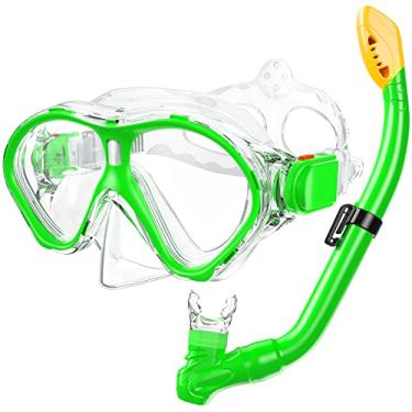 Imagem de Conjunto de Snorkel Infantil Gintenco, Máscara de Snorkel de Cano Seco, Anti-Vazamento para Crianças Júnior, Anti-Neblina, Sem Engrenagem, Respiração de Vidro Temperado, Óculos de Mergulho para Mergulho e Vista Panorâmica 180°, Verde