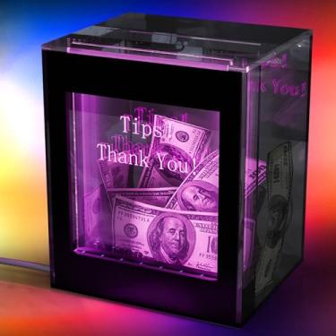Imagem de Kuabiz Pote De Gorjetas Iluminado Para Dinheiro Com Fechadura E Caixa Doações Acrílico Luz Led, Suporte Placa "Gorjetas! Obrigado!", Alimentado Por Usb, Sugestão Barman, Banda, Cafeteria, Restaurant