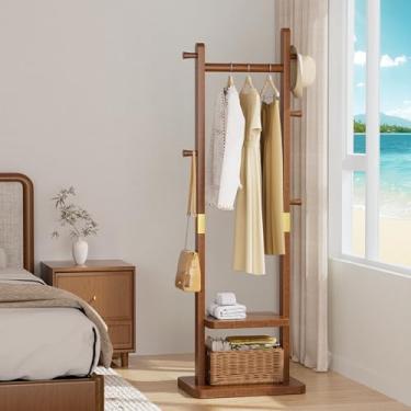 Imagem de Taitiy Cabideiro de madeira maciça, cabideiro independente com 2 prateleiras e 5 ganchos, árvore de casaco resistente para entrada, sala de estar, suporte de cabide para chapéus, bolsas de roupas