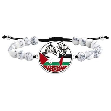 Imagem de Uloveido Pulseira Palestina com contas de pedra feita à mão com design de ramo de oliveira da pomba da paz - Pulseira palestina de identidade cultural com gravação personalizada, joia de cultura