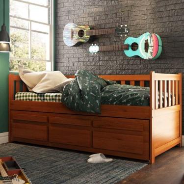 Imagem de Bicama Reta Solteiro Castanho Claro 3 Gavetas Madeira Pinus - Saraiva