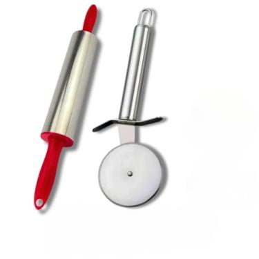 Imagem de Kit Carretilha Cortador de Pizza Cortador de Pastel Espátula de Bolo e Rolo de Massa Aço Inox(2 UND (ROL MASSA + CORT PIZZA))