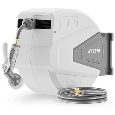 Imagem de Mangueira de Jadim 30M com Enrolador Retrátil, Bico Pulverizador 9 Funções e Sistema de Retorno Lento, Ayleid, Cinza e Branco