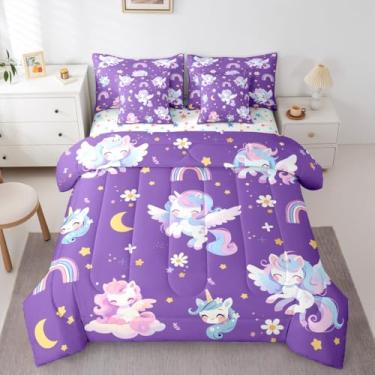Imagem de Feelyou Conjunto de edredom solteiro de unicórnio roxo e rosa, 7 peças, arco-íris, unicórnio, para crianças, meninos e meninas, com edredom, lençóis, fronhas, capas de almofada, decoração de quarto