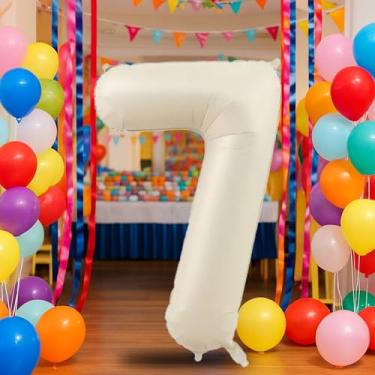 Imagem de Balão creme número 7 de 102 cm para decoração de 7º aniversário, balões autoinfláveis com número de folha de creme de 0 a 9, balão de hélio de areia branca para meninos, meninas, mulheres, homens