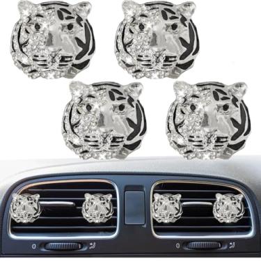 Imagem de 4 peças de clipes de ventilação de cabeça de tigre brilhantes, purificadores de ar de carro de cristal, clipes de ventilação difusores, decoração de strass, decoração de interiores de carro