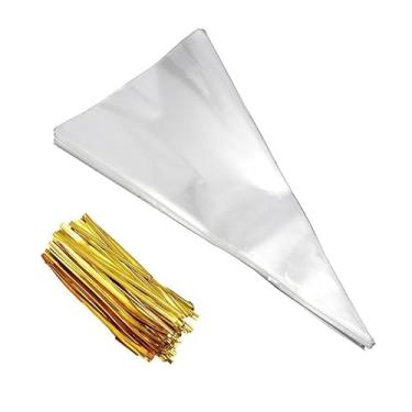 Imagem de 50 unidades de 18 x 30 cm em forma de cone transparente celofane sacos de guloseimas de celofane cone transparente médio com 50 peças de laços torcidos para brindes de festa