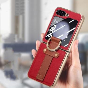Imagem de Capa de couro para celular para Samsung Galaxy Z Flip 5 Flip5 Flip4 Flip 4 5G Proteção contra quedas Capa de filme de vidro temperado, vermelha, para Samsung Z Flip 4