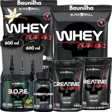 Imagem de Kit 2x Whey Protein Turbo 907g + 2x Creatina Monohidratada 150g + Pré-Treino BOPE 150g + Thermo Flame Termogênico 120 Tabletes+ 2x Coqueteleira - Black Skull (Whey Baunilha + Bope Limão)