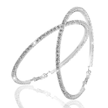 Imagem de Argolas grandes de strass, brincos de argola de strass de cristal, brincos de argola grandes brilhantes, joias femininas de dança de festa para orelhas sensíveis, prata