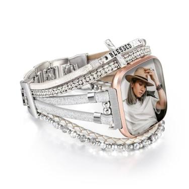 Imagem de Fivoilin Pulseira de couro compatível com Fitbit Versa 4/3/Sense/Sense 2 para mulheres e homens, pulseira boho multicamadas para smartwatch Fitbit, prata