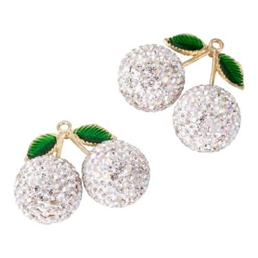 Imagem de KISSITTY 2 peças pingentes de strass cereja 3D frutas cor prata cristal liga de metal pingentes pendentes com folha para artesanato DIY brinco colar chaveiro decoração de joias
