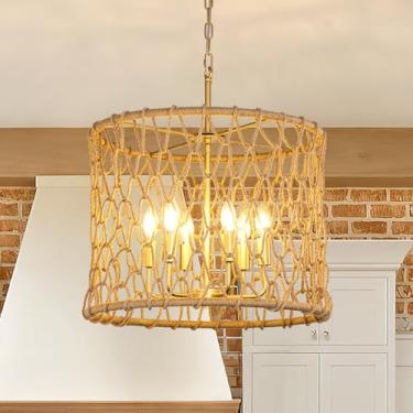 Imagem de Wellmet Luminária pendente rústica Boho Farmhouse, lustre rústico dourado para sala de jantar, sala de estar, quarto, ilha de cozinha, 50 cm L