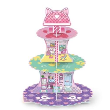 Imagem de Suporte de cupcake rosa de 3 camadas, torre de cupcake, decorações de festa de gatos, suporte de sobremesa, tema de desenho animado, suporte de sobremesa para crianças, meninas, artigos de festa de