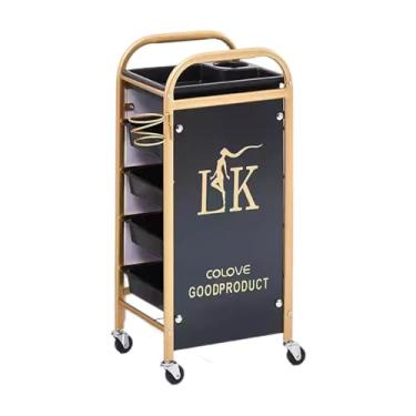 Imagem de Carrinho de barbearia multifuncional com bancada de trabalho – Carrinho de salão dourado com 5 gavetas e anel de armazenamento de metal, fácil de mover, grande capacidade para salão de beleza, spa e
