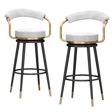 Imagem de Conjunto de 2 bancos de bar com altura de balcão giratório, banquetas de veludo estofadas com encosto oco, cadeiras de bar para ilha de cozinha, moldura de metal preta, altura do assento 75 cm, branco