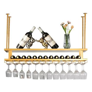 Imagem de Suporte para copos de vinho, suporte de copo de vinho, largura e altura ajustáveis, rack de garrafa de teto de metal 3 camadas, prateleiras de exibição de vinho estáveis, para cozinha, adega e bar