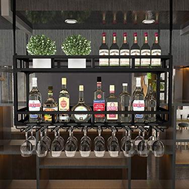 Imagem de Rack de vinho suspenso industrial, suporte e prateleira de metal, barra de teto ajustável, suporte de vidro e vinho de metal de 2 camadas, suporte de garrafa de ferro e prateleira de vinho