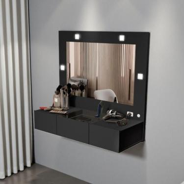Imagem de Penteadeira Suspensa Camarim com Espelho 3 Gavetas com Luz LED Estrutura MDF MDP Preto Acetinado