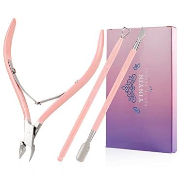 Imagem de YINYIN Aparador profissional de cutículas de aço inoxidável com empurrador e cortador – Ferramentas de manicure duráveis para pedicure para unhas e pés (rosa)