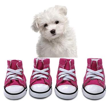 Imagem de abcGoodefg Sapatos para cães de estimação Filhote de lona esporte botas de tênis, sapatos casuais antiderrapantes para uso externo sola de borracha macia algodão tecido interno para cães de estimação (#4(1.732.20), rosa)