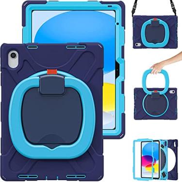 Imagem de Capa para iPad 10ª geração de 10,9 polegadas 2022, capa infantil resistente à prova de choque, suporte giratório/suporte para lápis/alça de transporte, para Apple iPad 10ª geração (azul marinho + azul)
