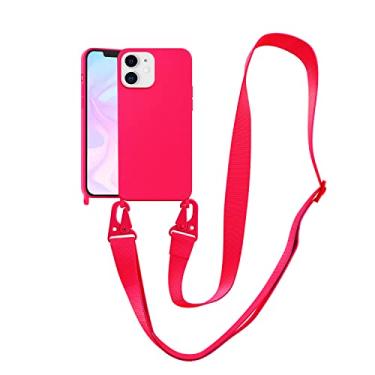 Imagem de VooDirop Capa compatível com iPhone 12 Mini com cordão transversal para iPhone capa com alça ajustável à prova de choque proteção contra quedas capa de telefone de silicone para iPhone 12 Mini 5,4 polegadas rosa neon