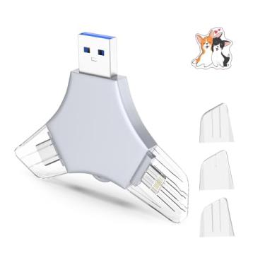 Imagem de Pen Drive USB 3.0 de 64 GB para iPhone, 3 em 1 com memória externa para fotos, pen drives de alta velocidade V6.59 para iPhone/iPad/Android/PC - azul acinzentado