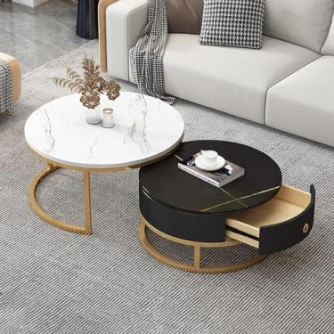 Imagem de Conjunto de 2 mesas de centro redondas, conjunto de mesa lateral com armazenamento de gaveta, mesa de sofá com textura de mármore ardósia, moldura de metal, mesa de chá moderna para quarto, sala de