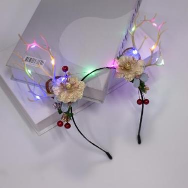 Imagem de JIAHANG Faixa de cabeça de chifres de rena de LED de Natal, argola de cabelo de ramo de luz piscante com flor, acessório para cabeça de festa de festival de fantasia para mulheres e meninas