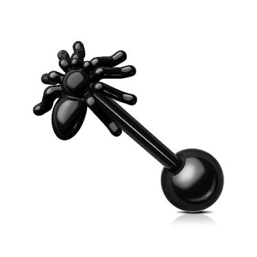 Imagem de OUFER Anéis de língua de aranha, joia de piercing de língua de aço cirúrgico 316L, piercing de língua com rosca interna, anéis de língua preta para mulheres e homens, 14G 16MM, Metal, Sem pedras preciosas