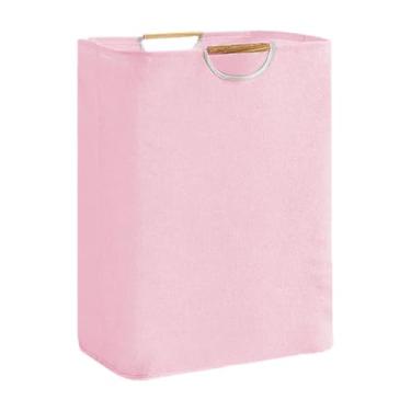 Imagem de Ioensy Lavanderia cesto de lavanderia cesta independente contêiner portáteis de armazenamento de utilidade com alças de bambu para casa de armário, Rosa