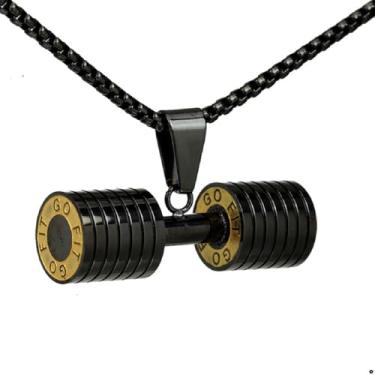Imagem de Colar Cordão Masculino Pingente Haltere Aço Inoxidável Fitness Peso Anilha Academia Correntinha de Ouro Prata (Preto, 60)
