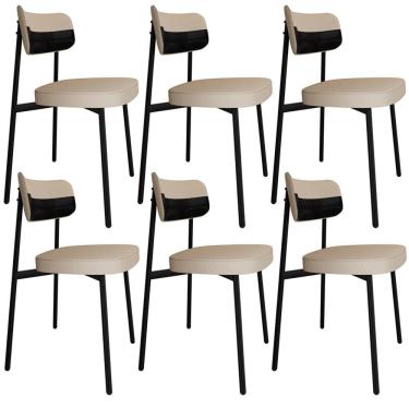 Imagem de Kit 06 Cadeiras Estofada Para Sala De Jantar Astrid Preto C01 Linho Areia Courino Preto - Lyam Decor