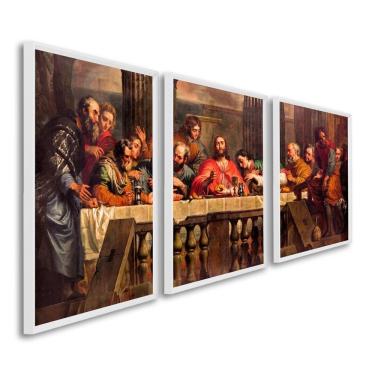 Imagem de Quadro Decorativo Religioso A Santa Ceia Com 3 Telas Para Sala Quarto Igreja 60cm X 90cm Branco