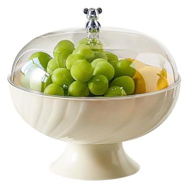 Imagem de Cesta de frutas, fruteira com tampa, tigela grande de 24 x 24 cm, cesta transparente com orifícios de drenagem, pedestal decorativo para balcão de cozinha, grande, branco creme