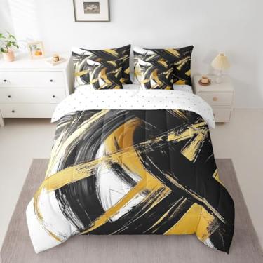 Imagem de Feelyou Conjunto de cama Queen com arte abstrata, 7 peças, preto e dourado, para meninos, meninas, moderno, geométrico, macio, para meninos e meninas