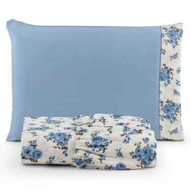 Imagem de Roupa de Cama Jogo Kit Solteiro 2 Peças - Lençol Percal 180 Fios Algodão com Elástico Reforçado em Toda a Volta. (FLORZINHA AZUL)