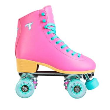 Imagem de Patins Quad Retrô Traxart Foxxy – Base Alumínio, Rolamento ABEC-9, Bota Cano Alto em Couro Sintético, Freios Reguláveis – Suporta até 100kg (Rosa, 39/40)
