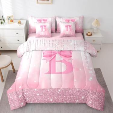 Imagem de Feelyou Conjunto de cama Queen com laço rosa, 7 peças, lençol com estampa de princesa e glitter, alfabeto e adolescentes, 7 peças